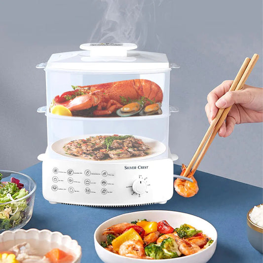 Electric Food Steamer & Defroster – 2-Tier 1500W Steaming Machine for Vegetables, Meat, Eggs & Seafood | جهاز طهي بالبخار وتذويب الأطعمة الكهربائي
